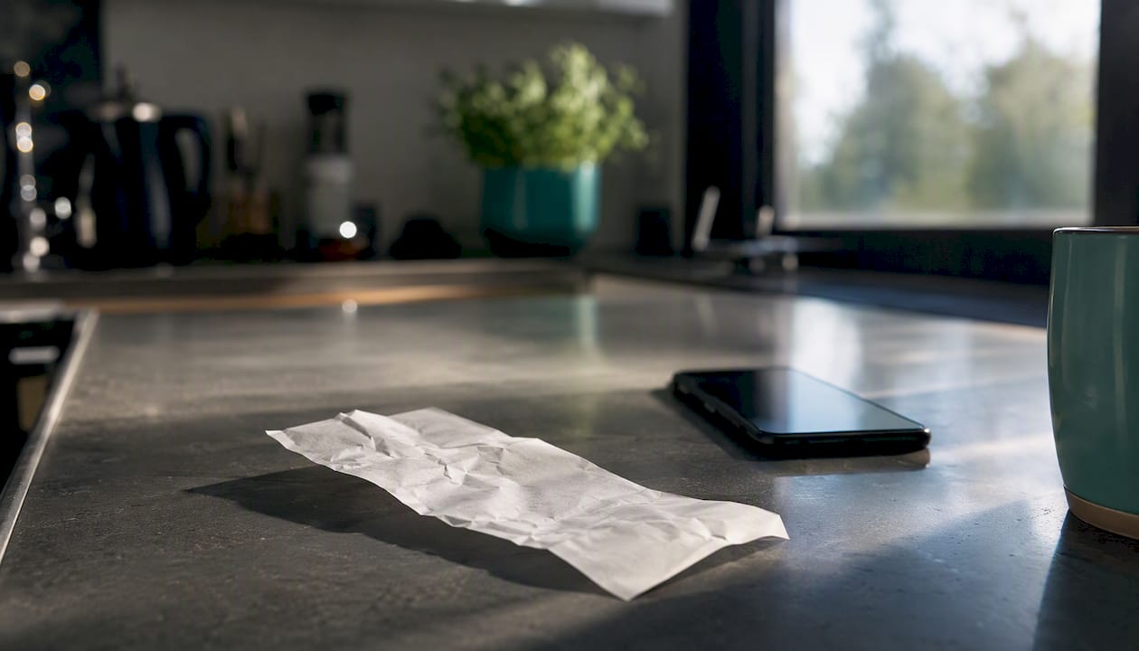 Receipt on wooden table with smartphone and camera nearby
