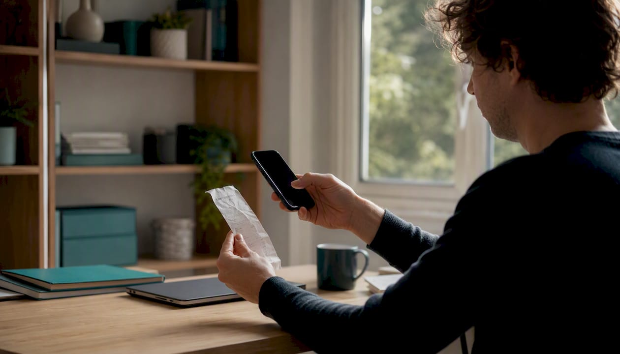 Person scanning a crumpled receipt with smartphone