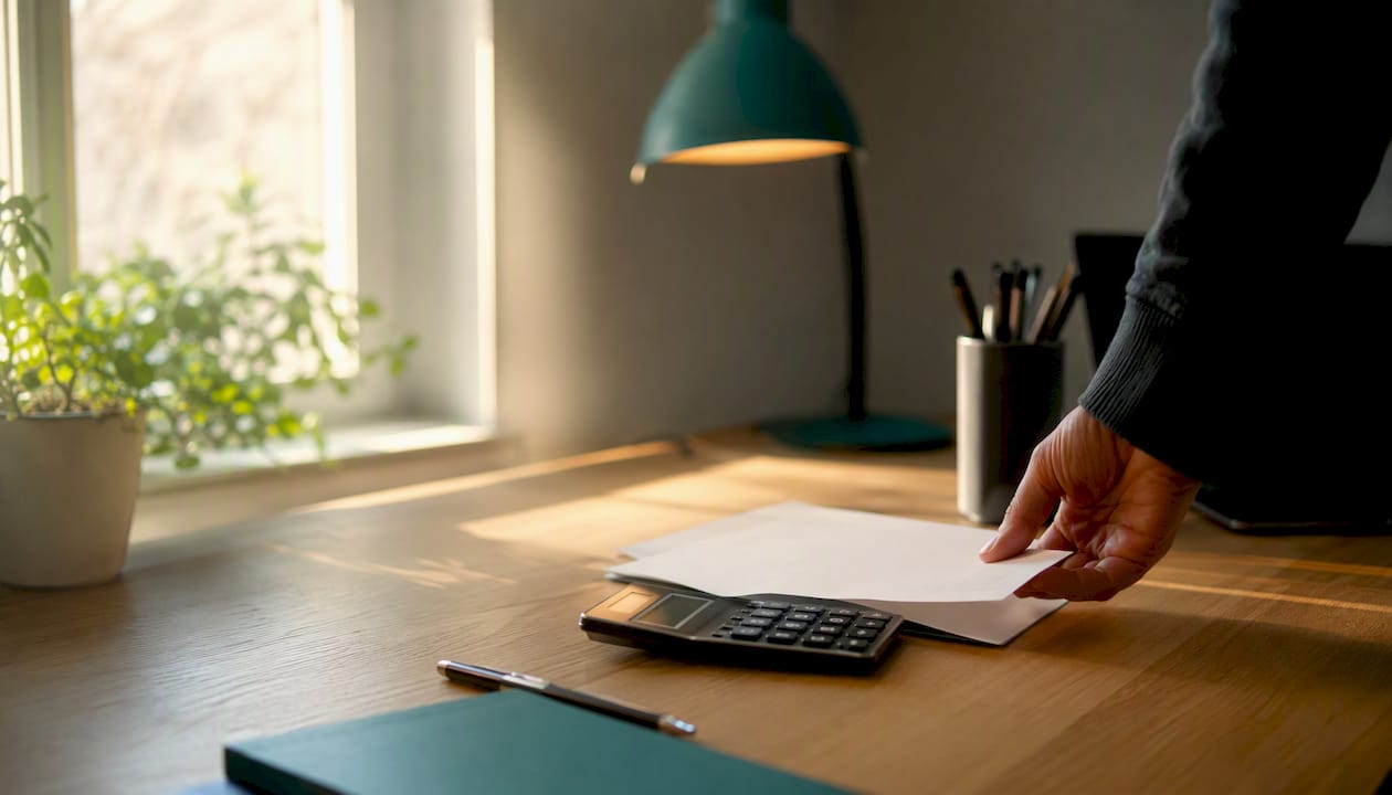 Workspace with blank registration form and calculator