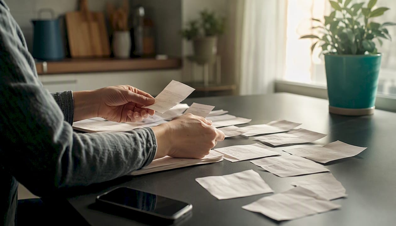 Hands sorting receipts beside smartphone and plant