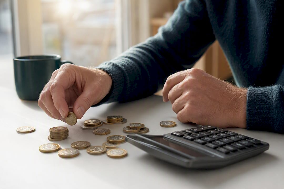 Hands counting coins by calculator