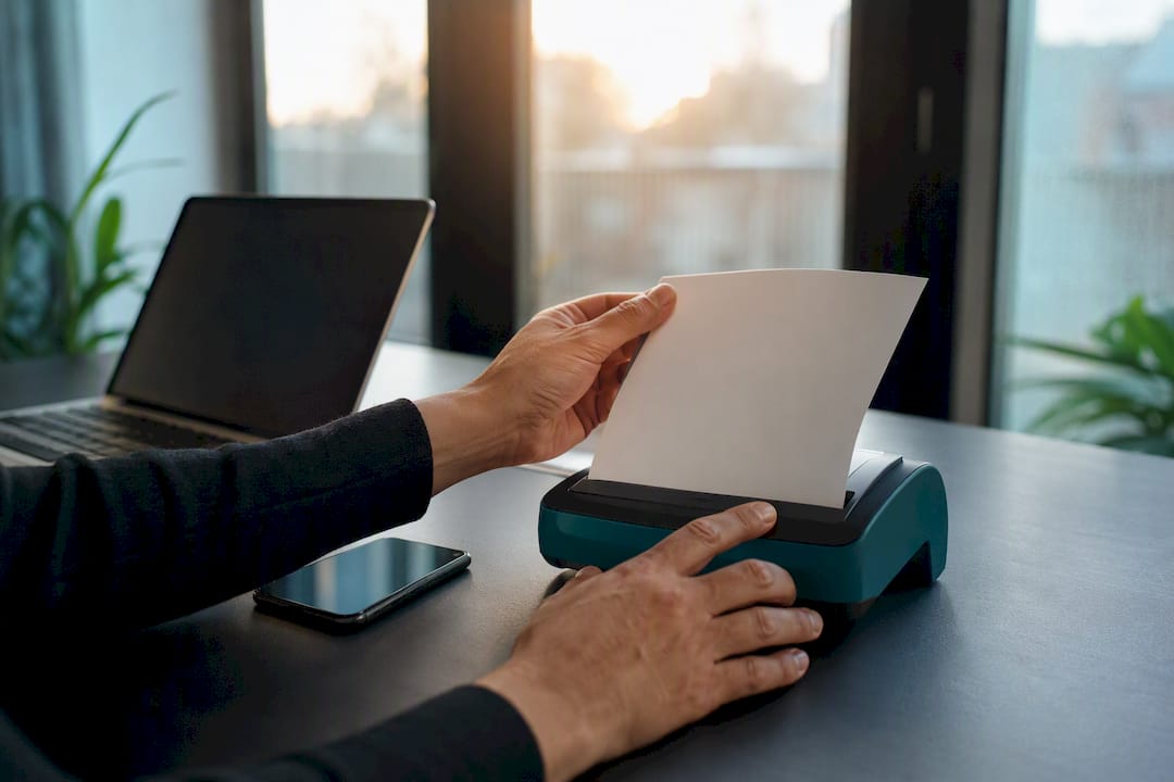 Hands placing blank document on desk with receipt scanner