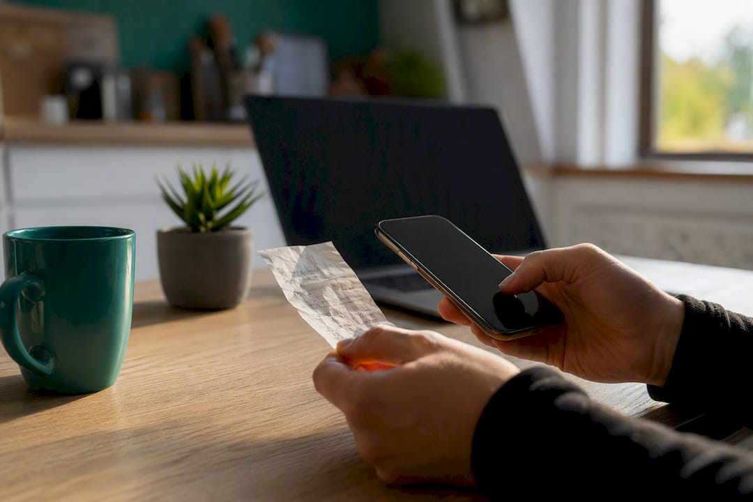 Hands scanning receipt with smartphone