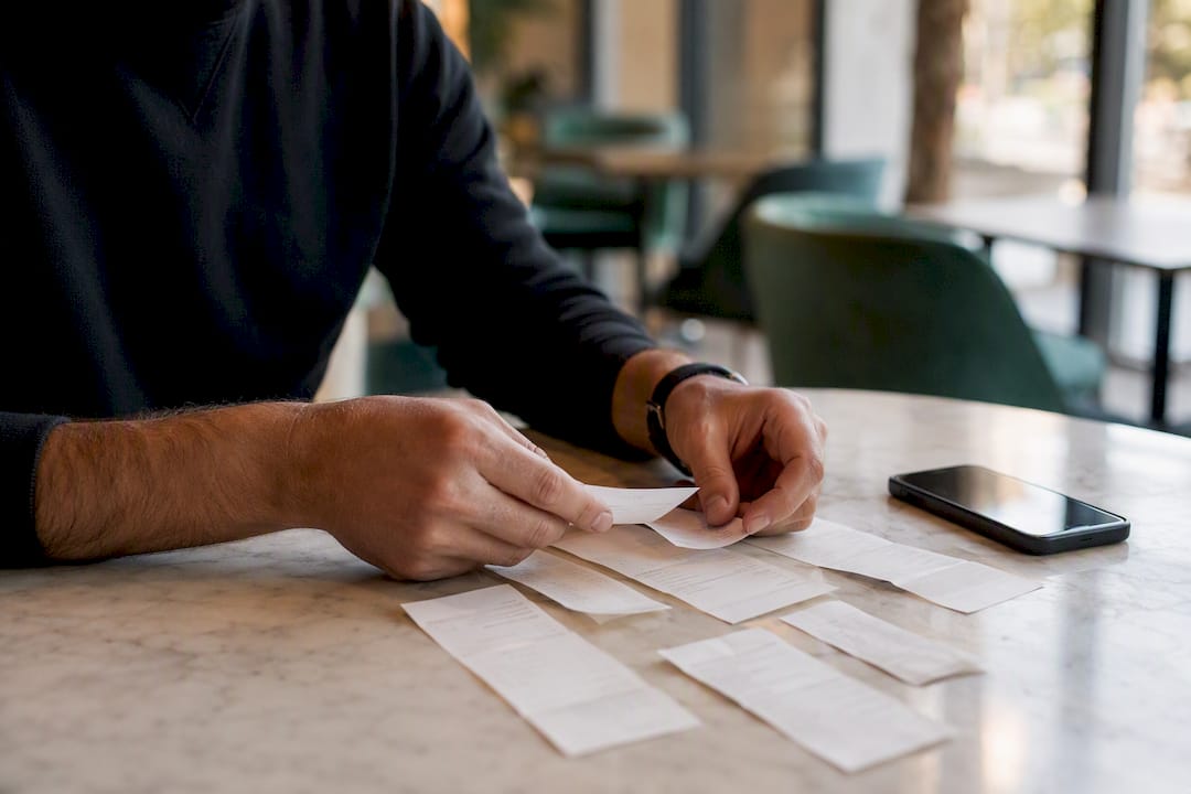 Hands organizing receipts and smartphone