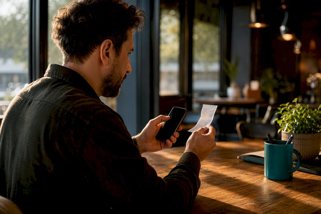 Hands scanning receipt with smartphone