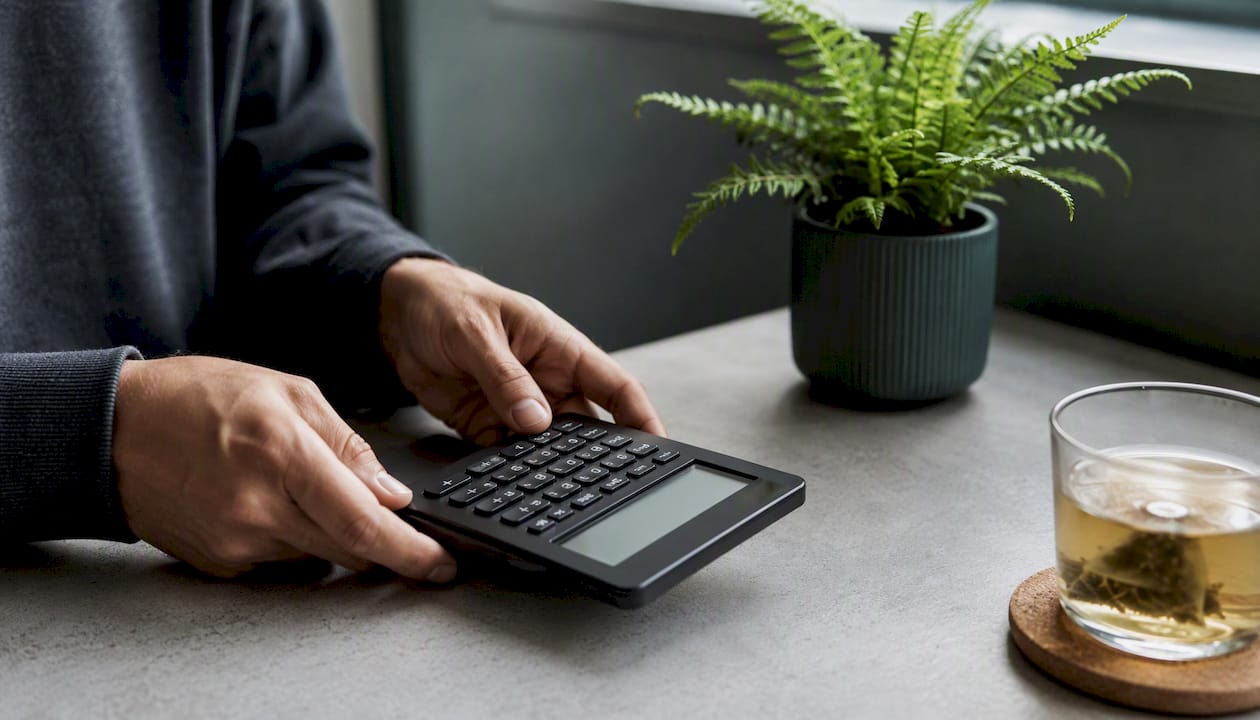 Hands placing calculator on desk with coffee