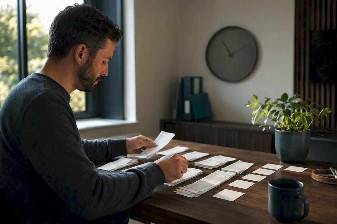 Hands sorting and tagging receipts on desk