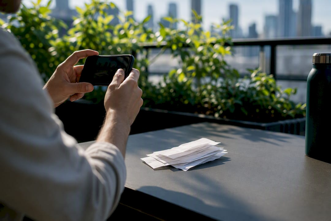 Hands photographing business receipts with smartphone
