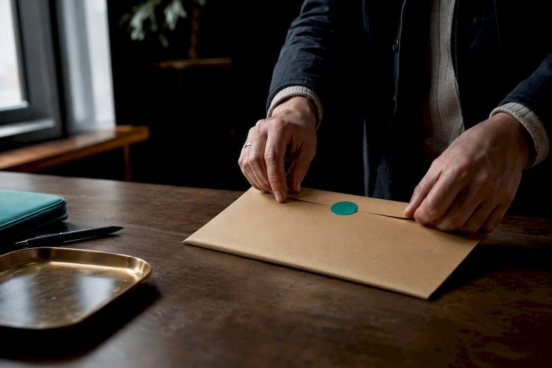 Hands sealing an invoice envelope