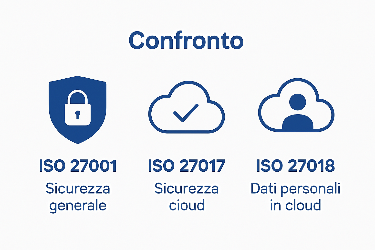 Visual comparison of ISO 27001, ISO 27017, and ISO 27018 focus areas