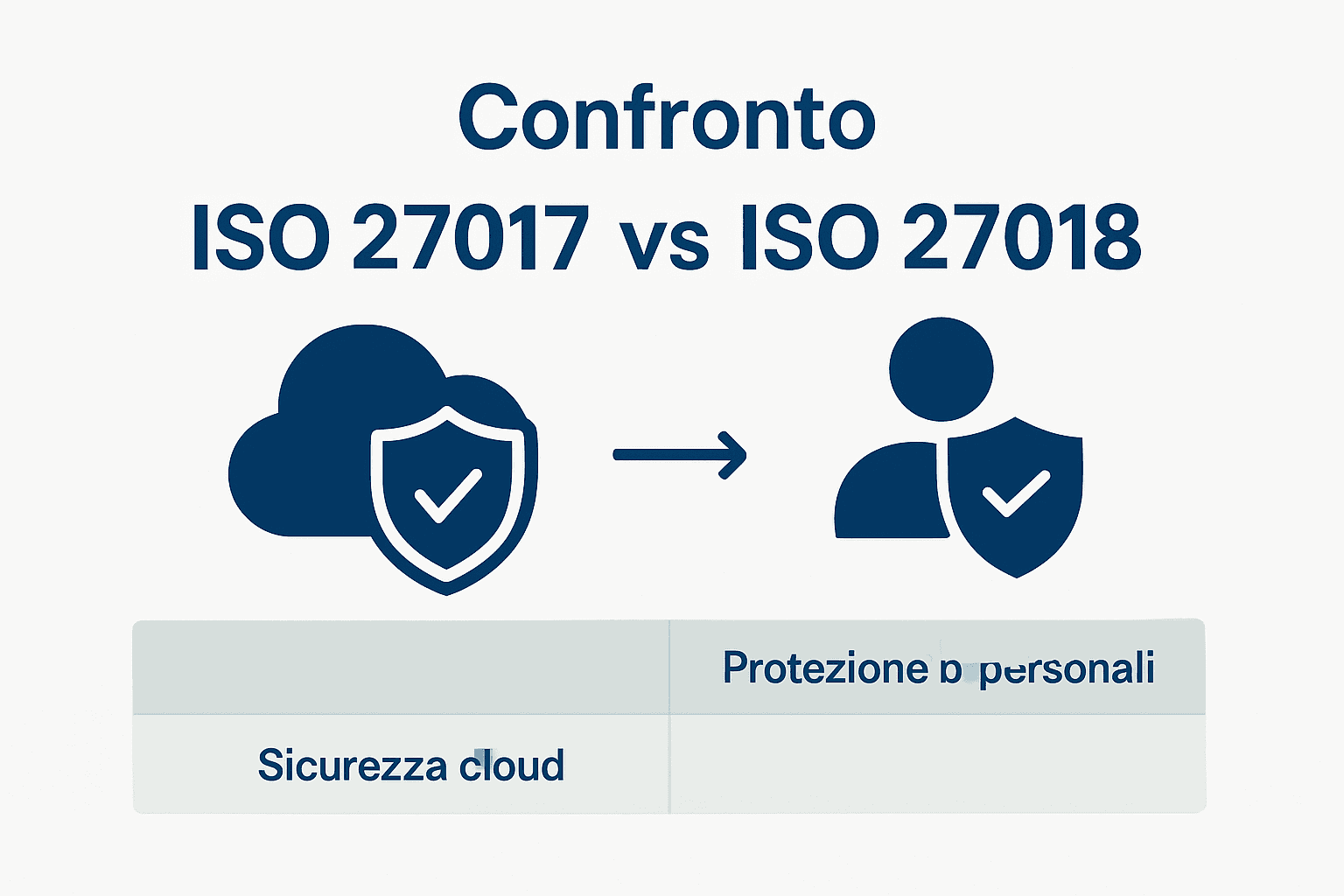 Infografica confronto tra ISO 27017 e ISO 27018 con icone e sintesi differenze