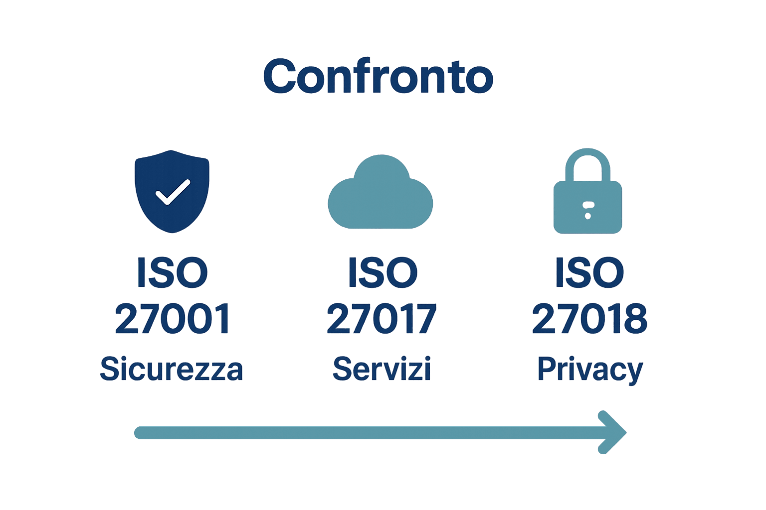 Infografica confronto tra ISO 27001, ISO 27017 e ISO 27018 con icone e descrizioni