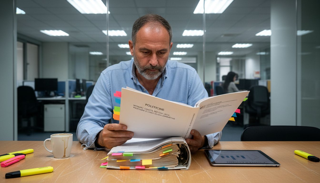 Il responsabile aziendale sta esaminando il documento sulle politiche ISO 27001.