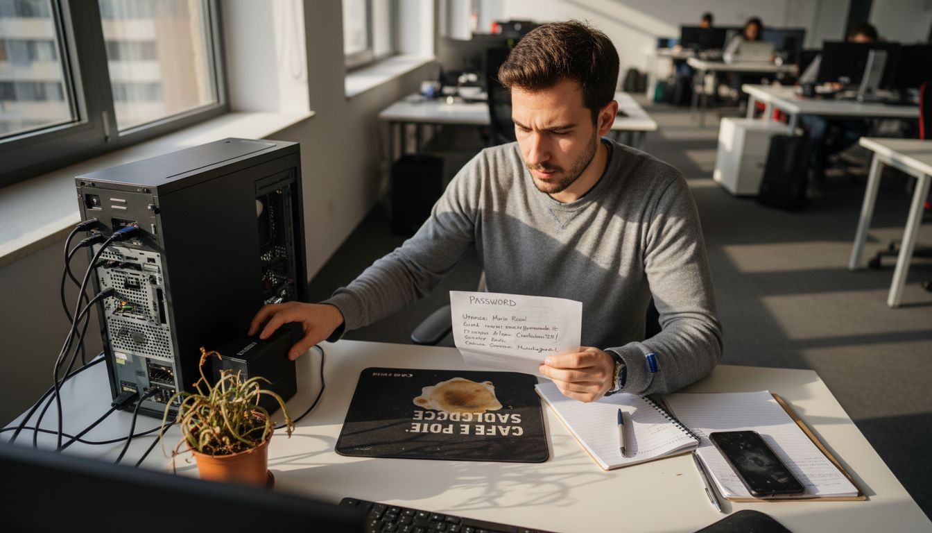Un dipendente collega un hard disk esterno per eseguire il backup dei dati.