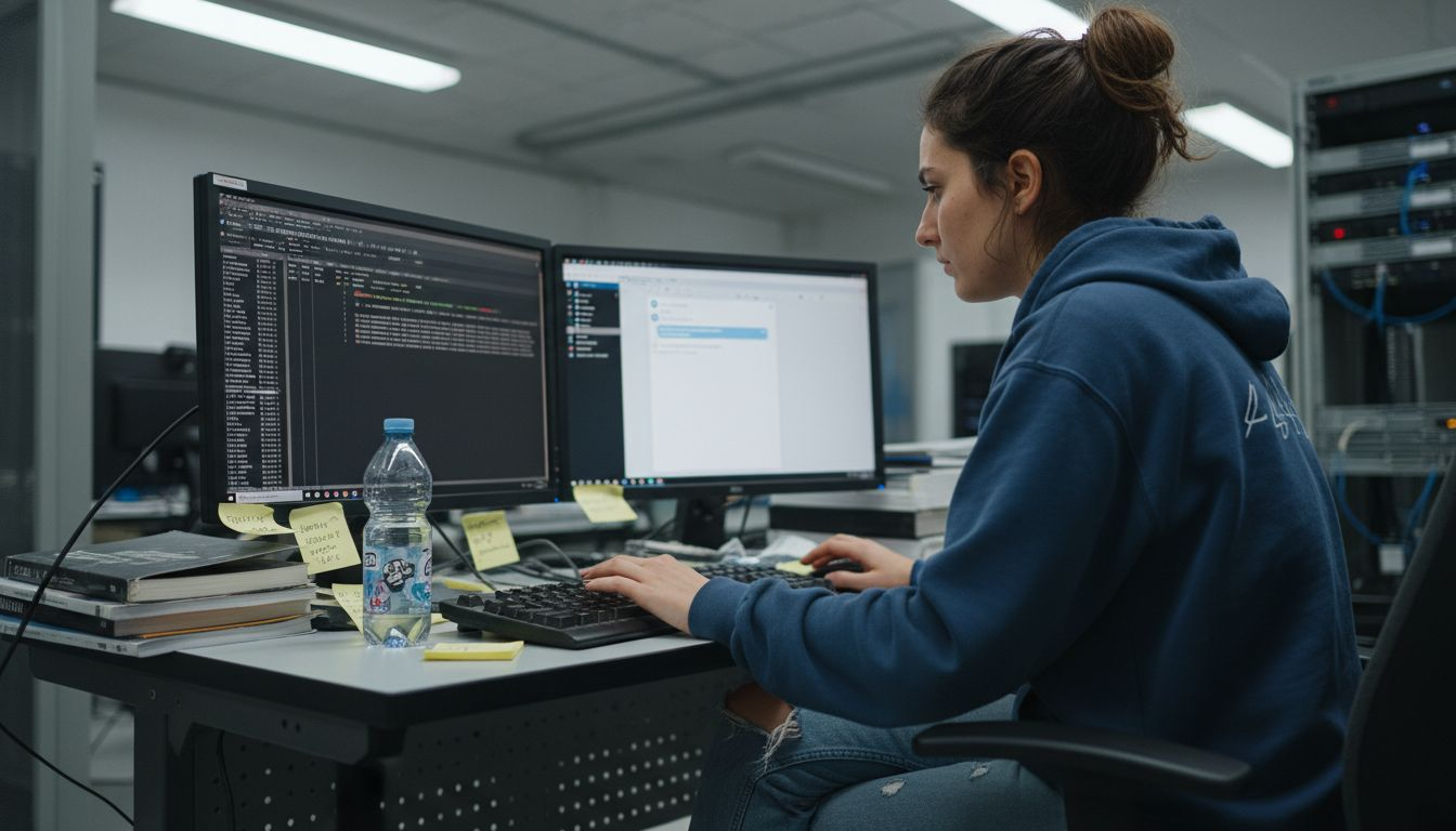 Ingegnere impegnato nell’anonimizzazione dei log di server direttamente dalla sua postazione di lavoro.