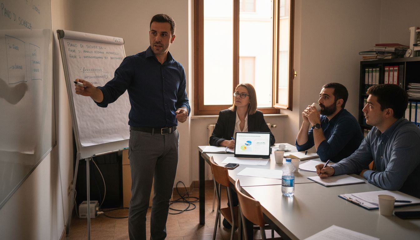 Il responsabile della sicurezza sta aggiornando il suo team durante una riunione in sala conferenze.