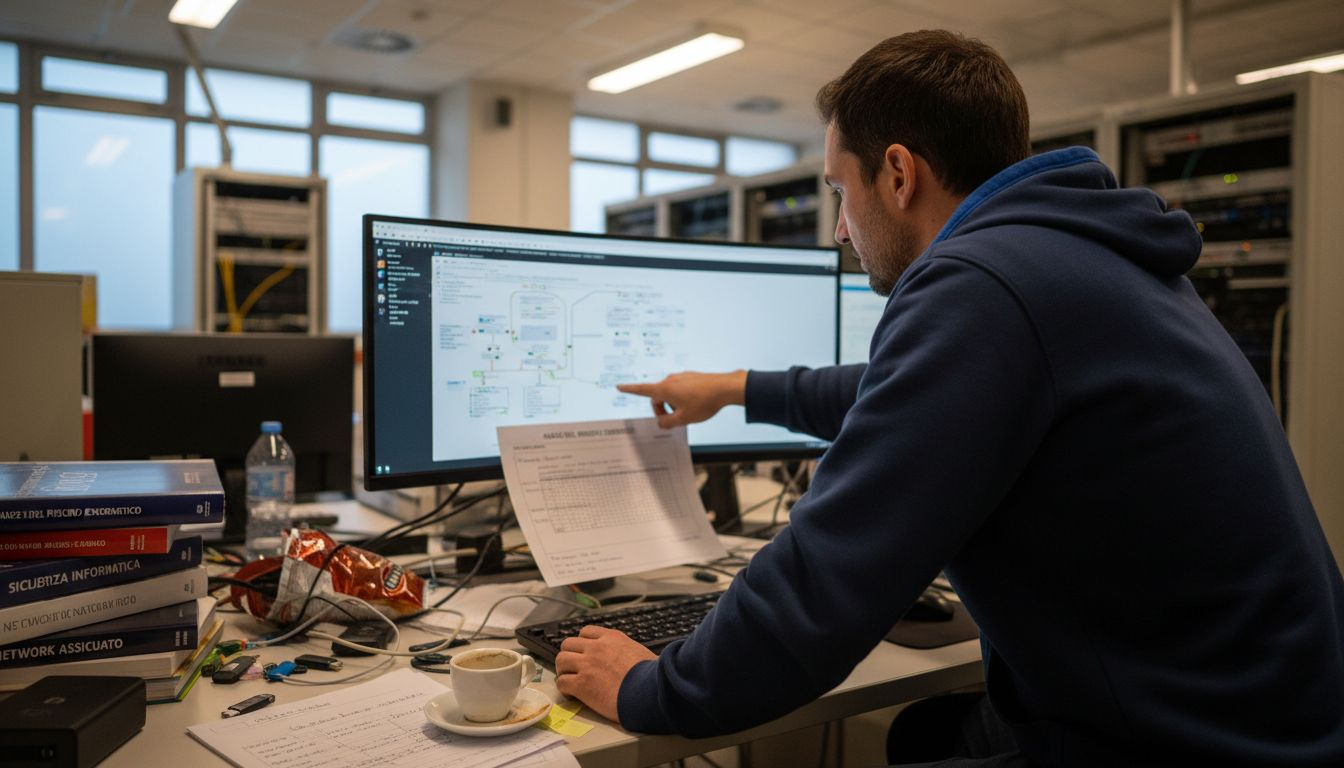 Consulente di cybersecurity impegnato nell’analisi e valutazione dei rischi informatici