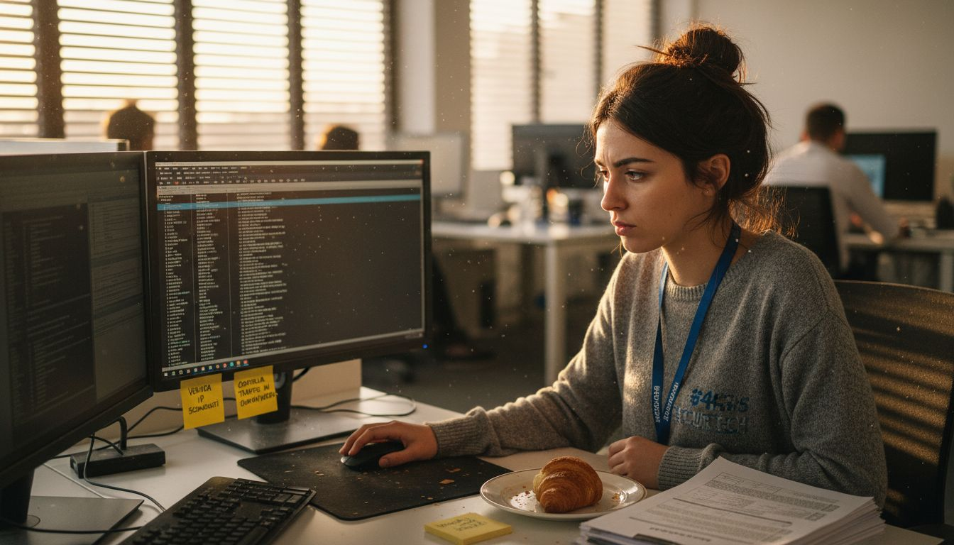 Un analista della sicurezza informatica controlla i log del firewall seduto alla sua scrivania.