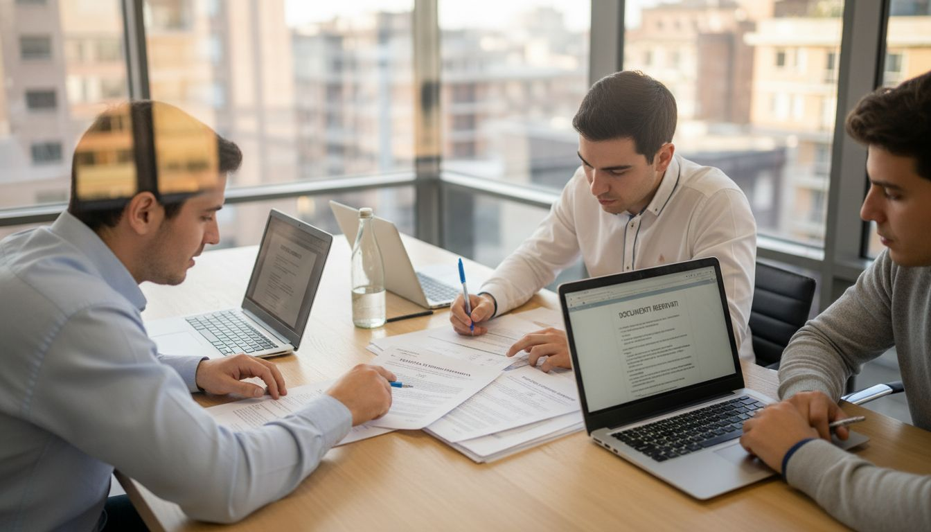 Un gruppo di lavoro esamina insieme i documenti cartacei relativi alle politiche di sicurezza aziendale.