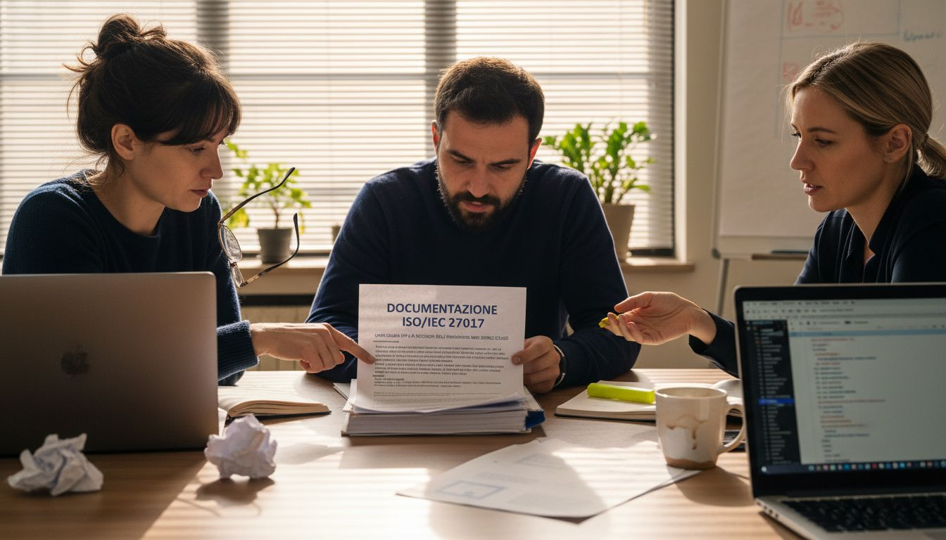Il team si riunisce attorno al tavolo per esaminare la documentazione relativa allo standard ISO 27017.
