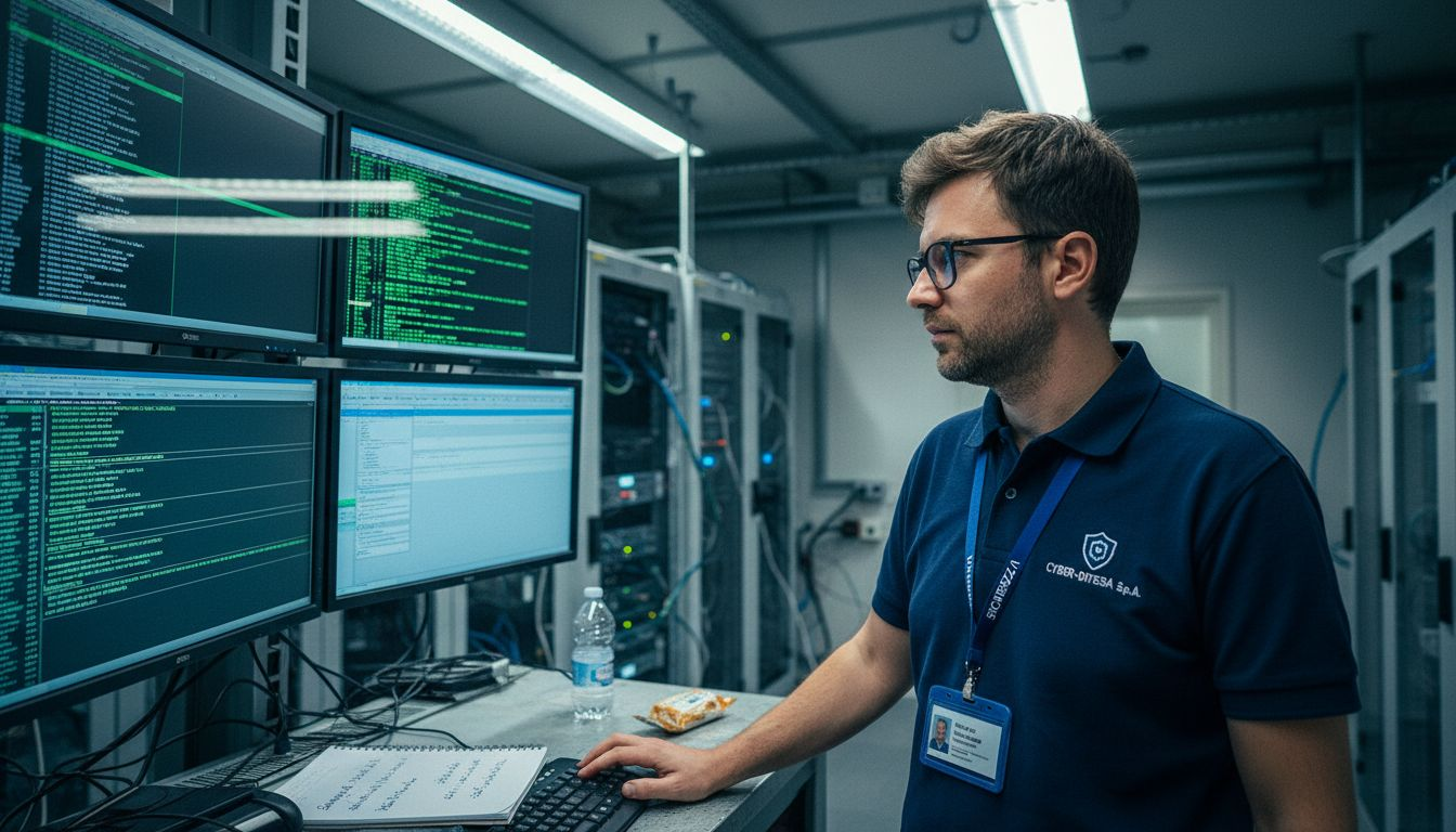 Un addetto alla sicurezza controlla i monitor della sala server.