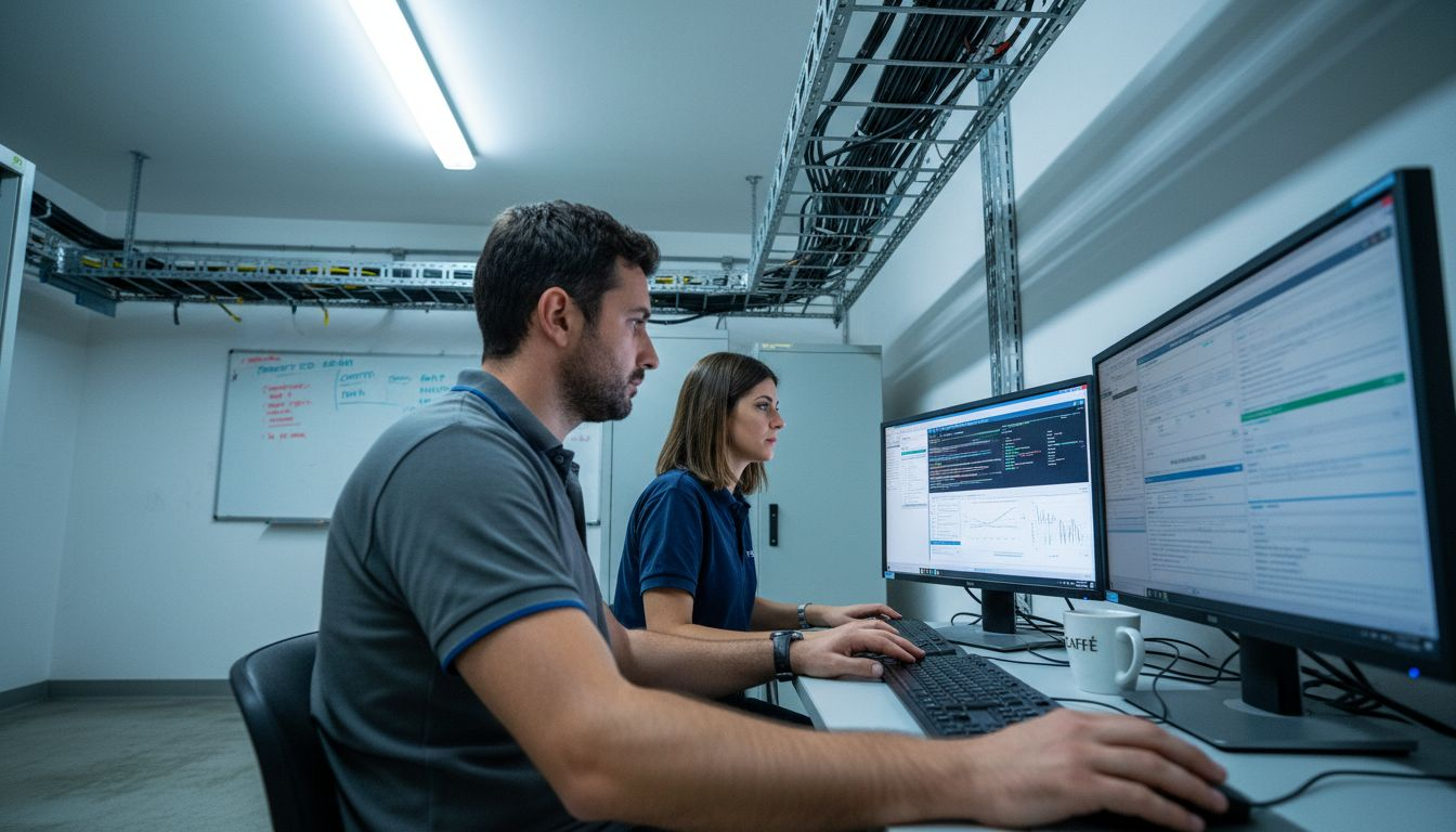 Il personale supervisiona il software di controllo degli accessi nella sala server.
