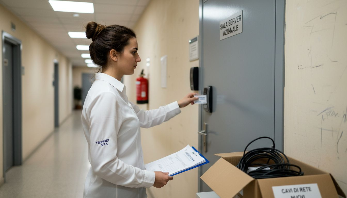 Una dipendente si identifica con il badge per entrare nella sala server.