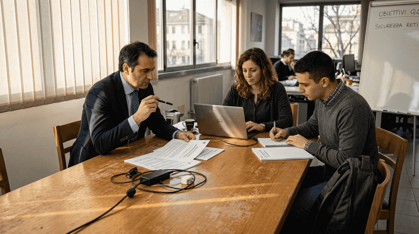 Il team si confronta sulle linee guida aziendali relative alla sicurezza informatica stampate su carta.