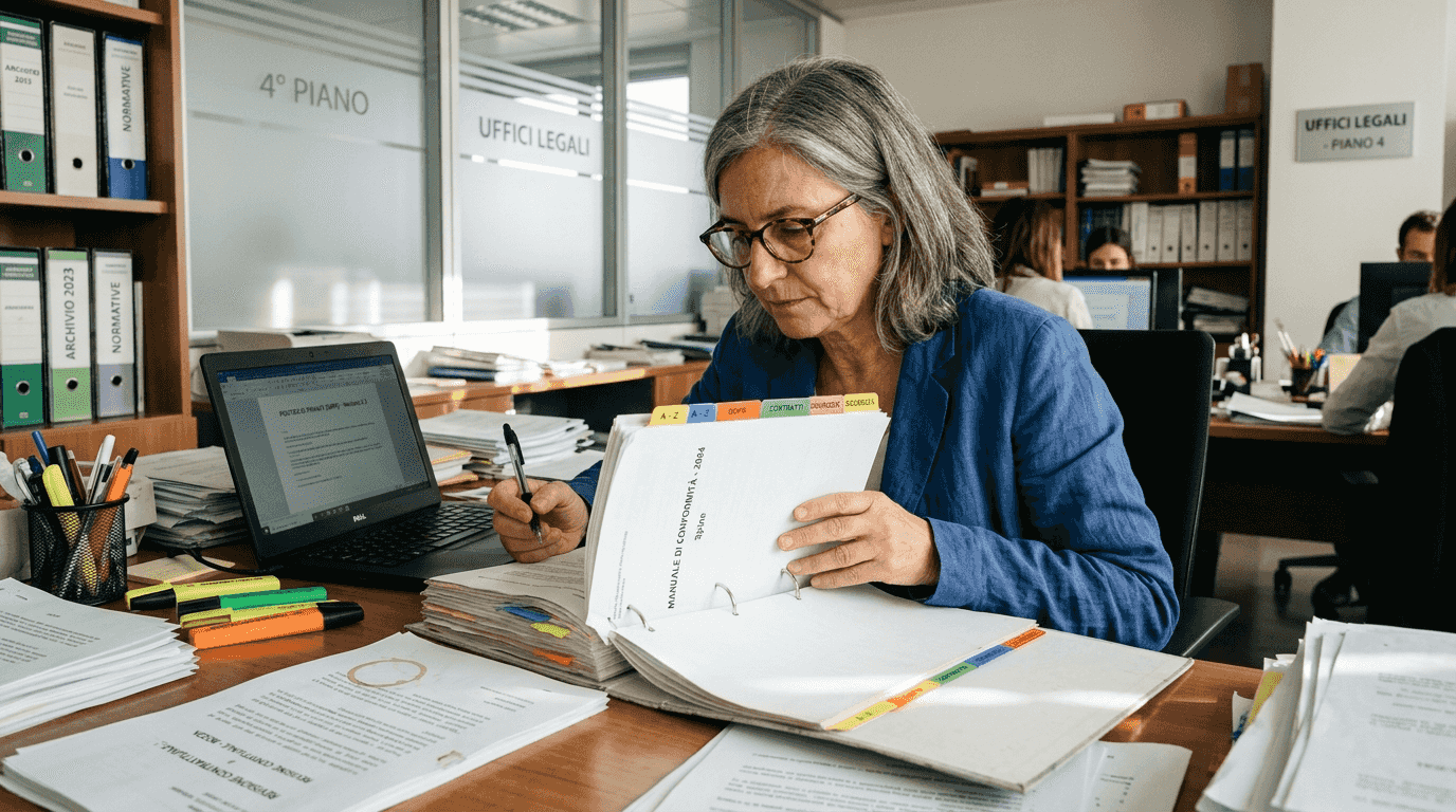 Responsabile della conformità che analizza la documentazione relativa al GDPR