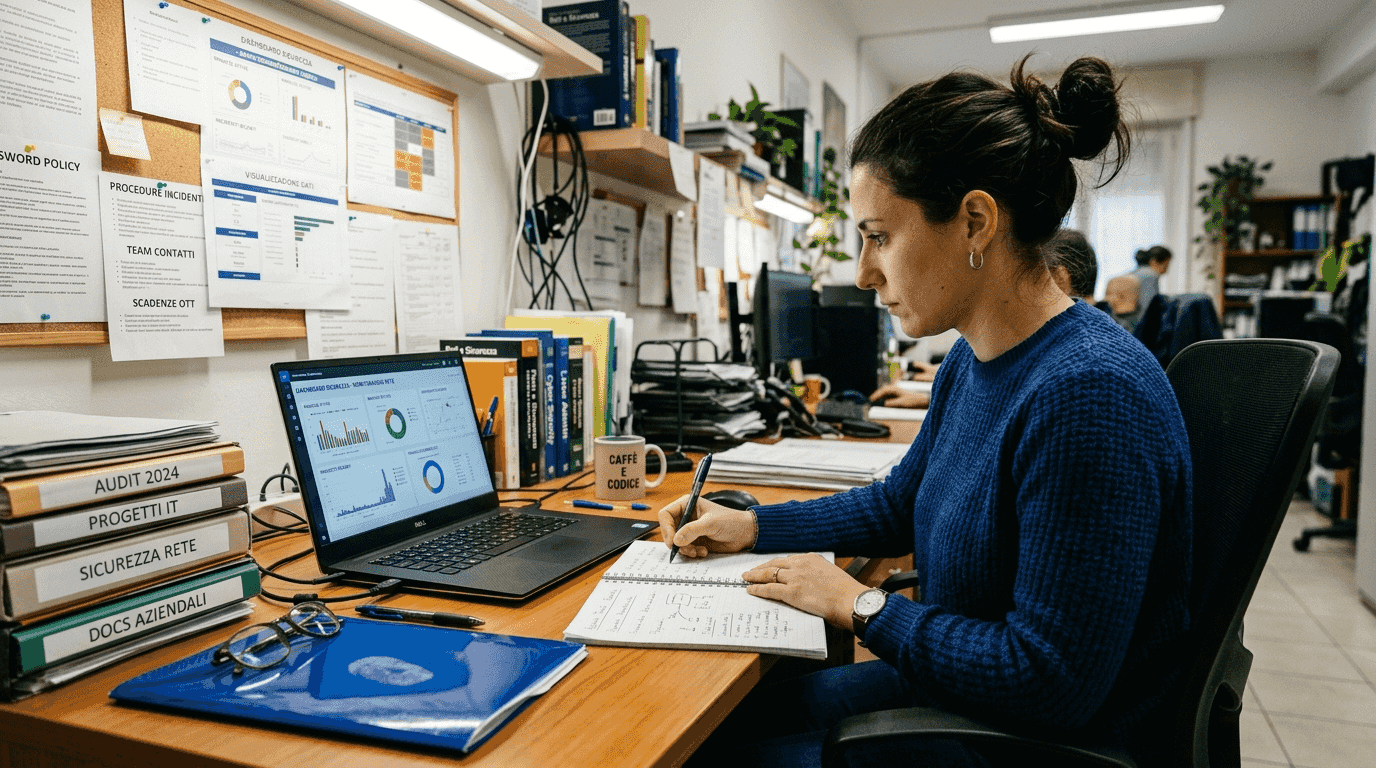 Il responsabile IT annota le osservazioni emerse durante il controllo sulla sicurezza informatica.