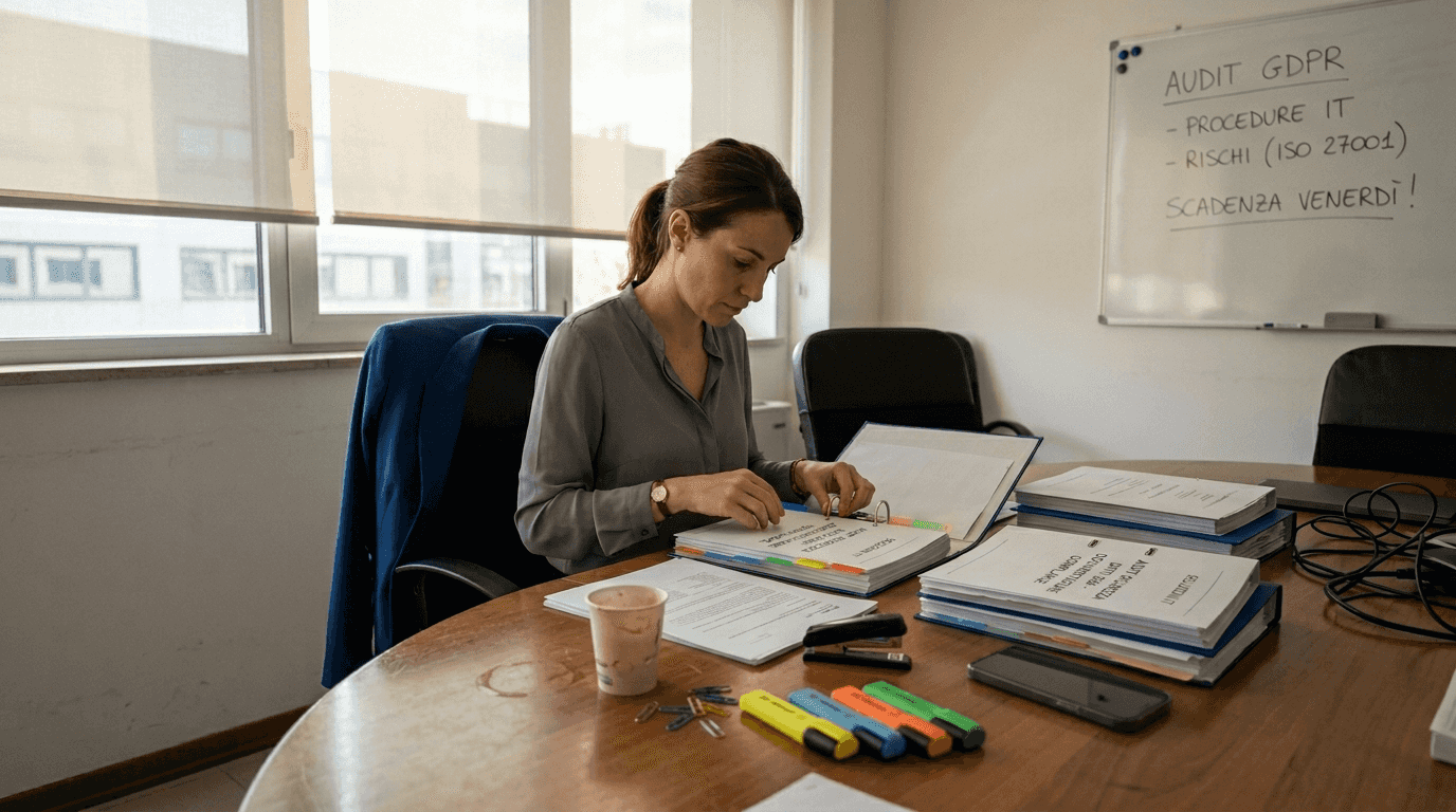 Impiegata alle prese con l’archiviazione dei documenti relativi al piano di sicurezza di una piccola o media impresa.