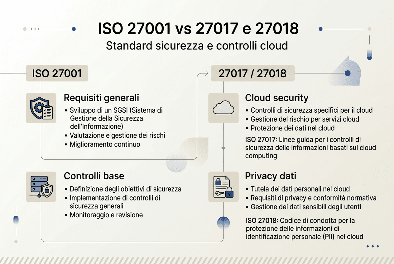 Infografica: confronto veloce tra gli standard ISO 27001, 27017 e 27018