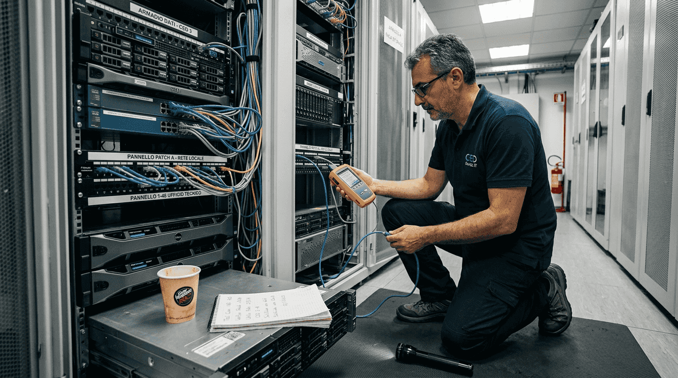 Tecnico impegnato nel controllo delle misure di sicurezza della sala server