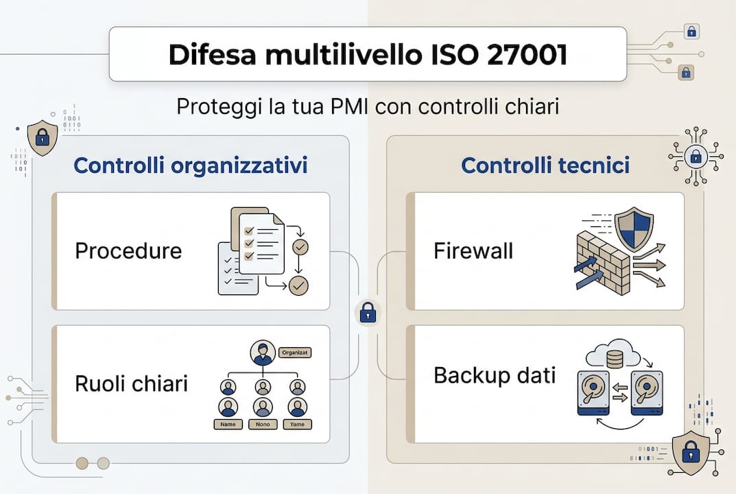 Infografica: la strategia di difesa multilivello secondo ISO 27001 pensata per le PMI