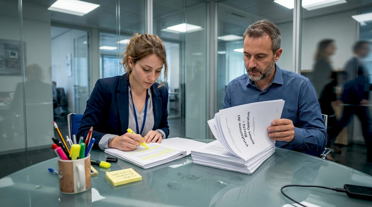 I colleghi si confrontano insieme sull’analisi dei rischi, esaminando e discutendo la documentazione per assicurarsi che tutto sia valutato correttamente.
