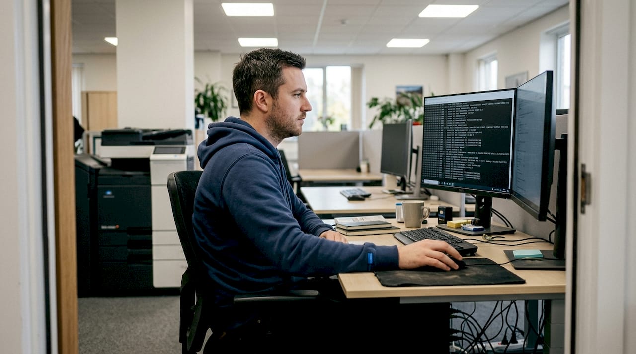 Un esperto informatico verifica i registri degli accessi aziendali per garantire la sicurezza dei dati.