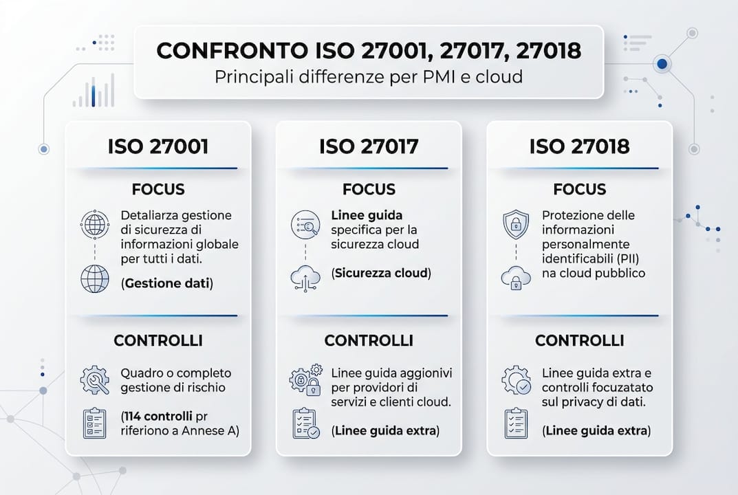Infografica: confronto tra gli standard ISO 27001, ISO 27017 e ISO 27018
