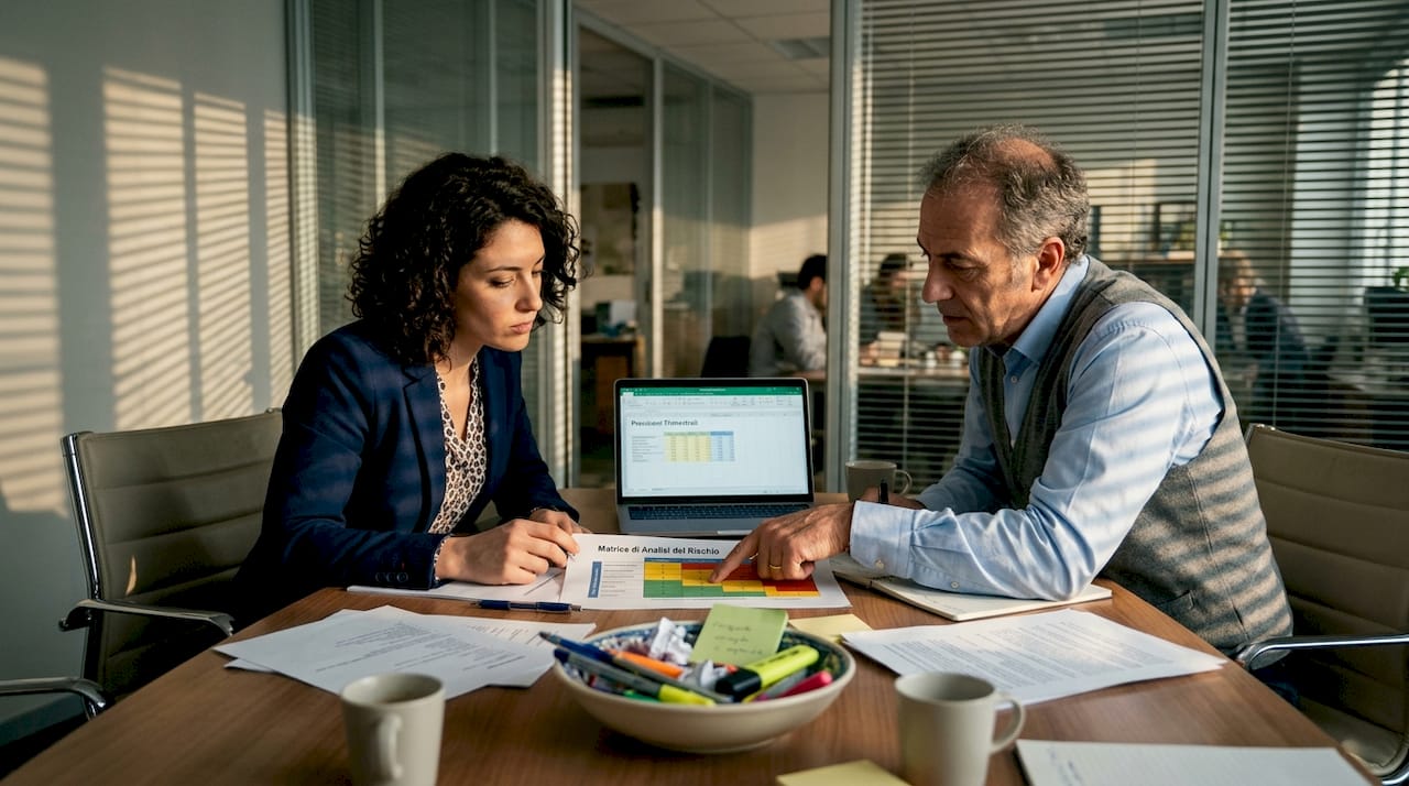 Un gruppo di colleghi si confronta attorno a un tavolo sull’applicazione della matrice dei rischi ISO, analizzando insieme le possibili criticità.