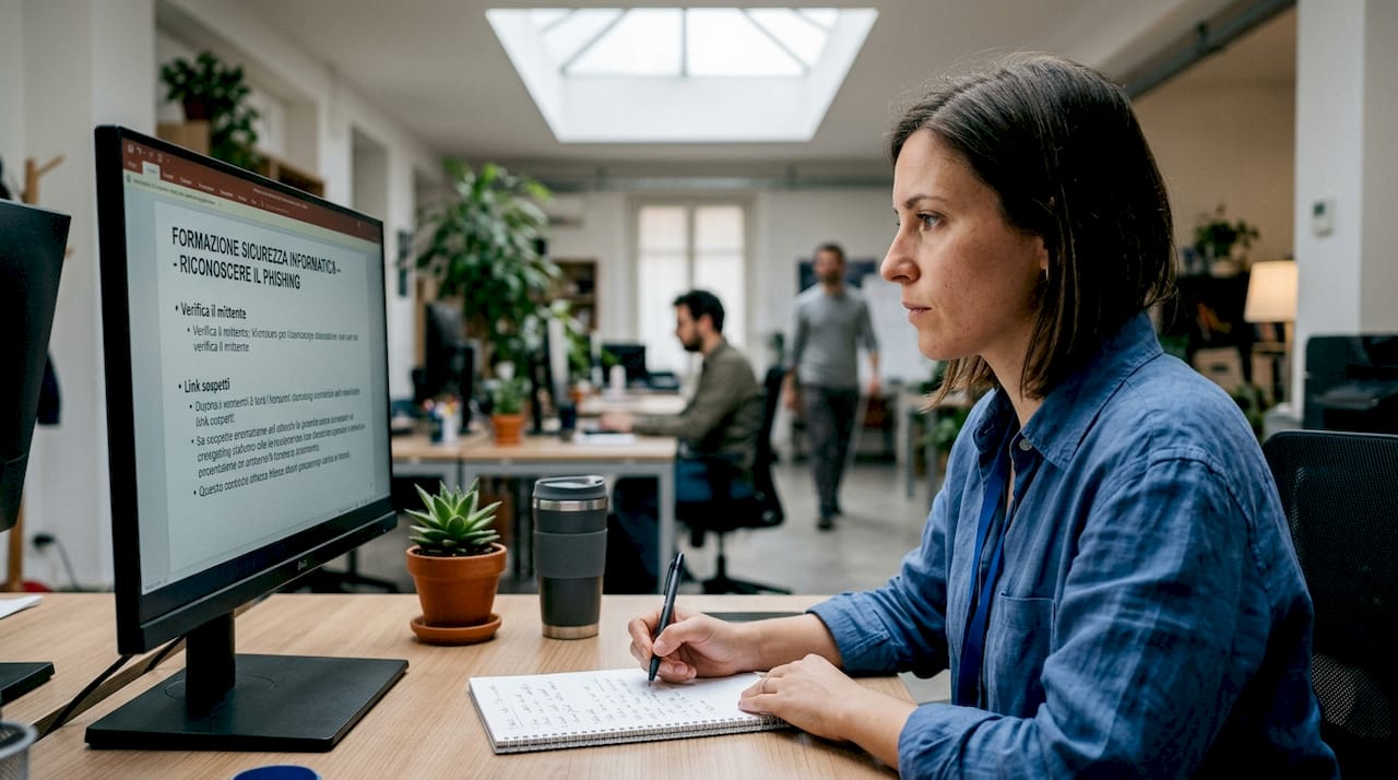 Un dipendente partecipa a un corso di formazione sulla sicurezza informatica direttamente nell’area open space dell’ufficio.