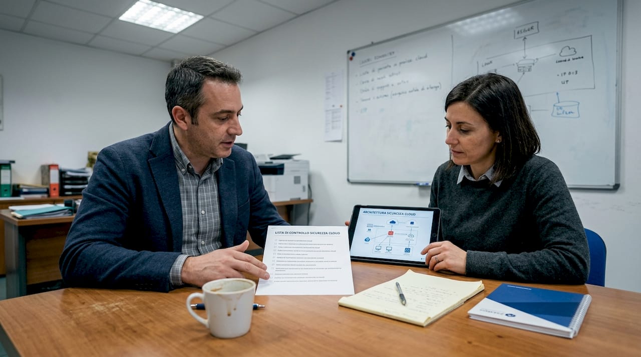 Il titolare dell’azienda e il consulente si confrontano sulla lista di controllo per la sicurezza.