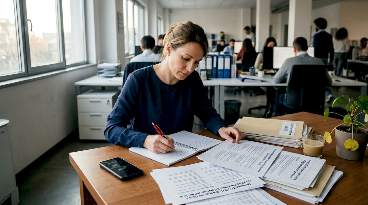 Un responsabile della conformità esamina e confronta diversi standard ISO seduto alla sua scrivania, analizzando attentamente i documenti per garantire che l’azienda sia allineata alle normative internazionali.