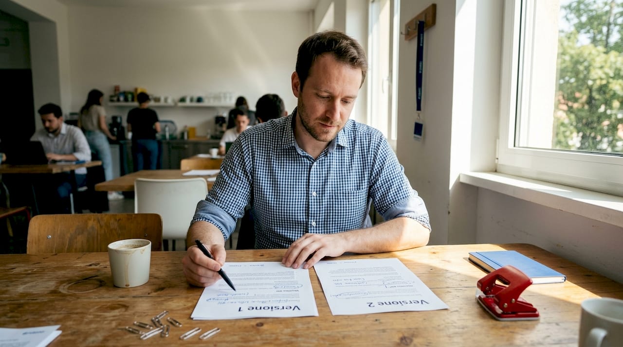 Un dipendente confronta le diverse versioni di un documento cartaceo per individuare eventuali errori.