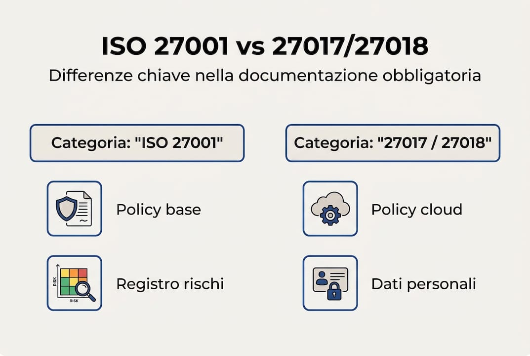 Infografica sulle differenze tra la documentazione richiesta dagli standard ISO 27001, ISO 27017 e ISO 27018