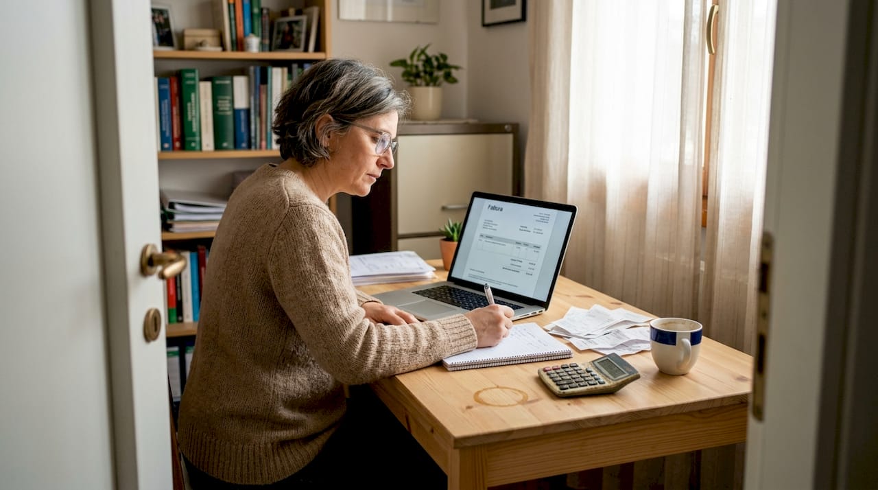 Titolare di una piccola impresa alle prese con il calcolo dei costi di un progetto alla scrivania.