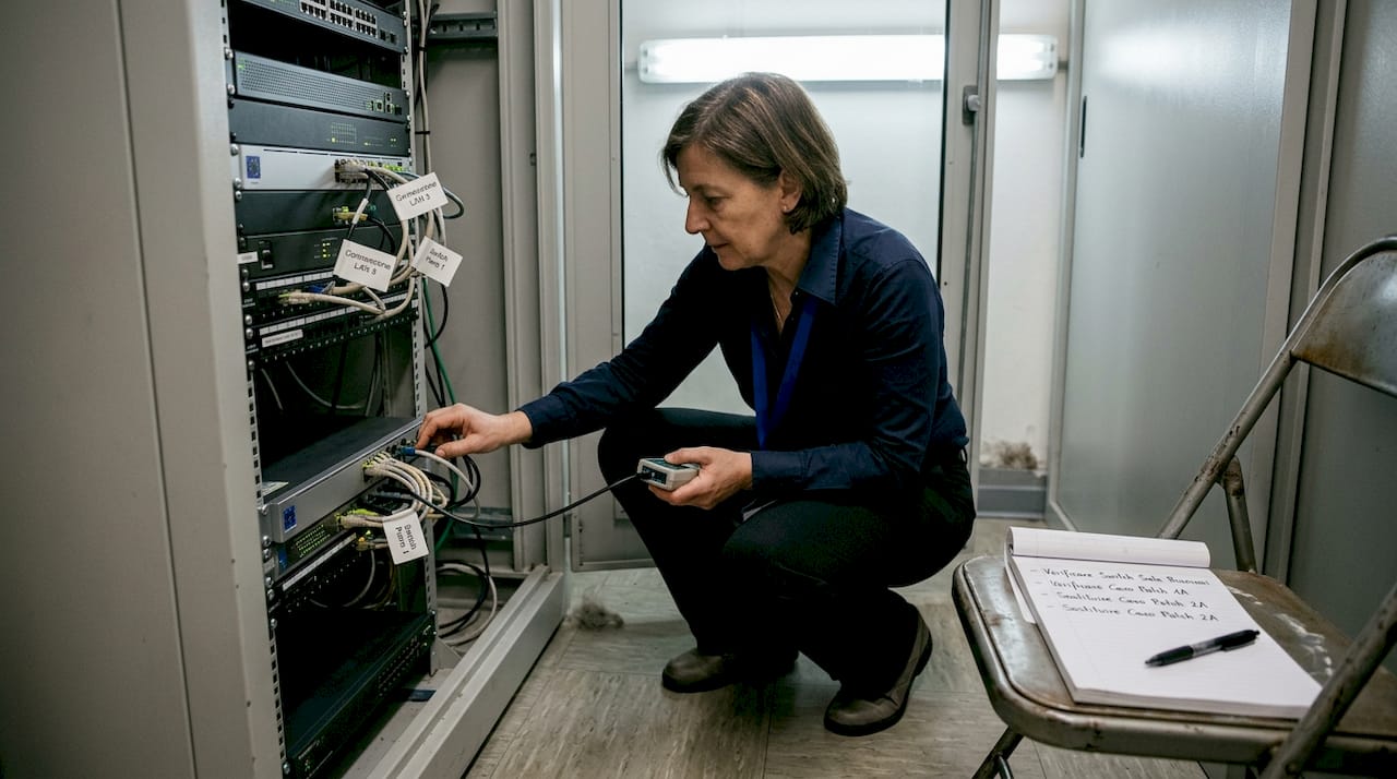 L’amministratore di sistema controlla i server nel ripostiglio dell’ufficio.