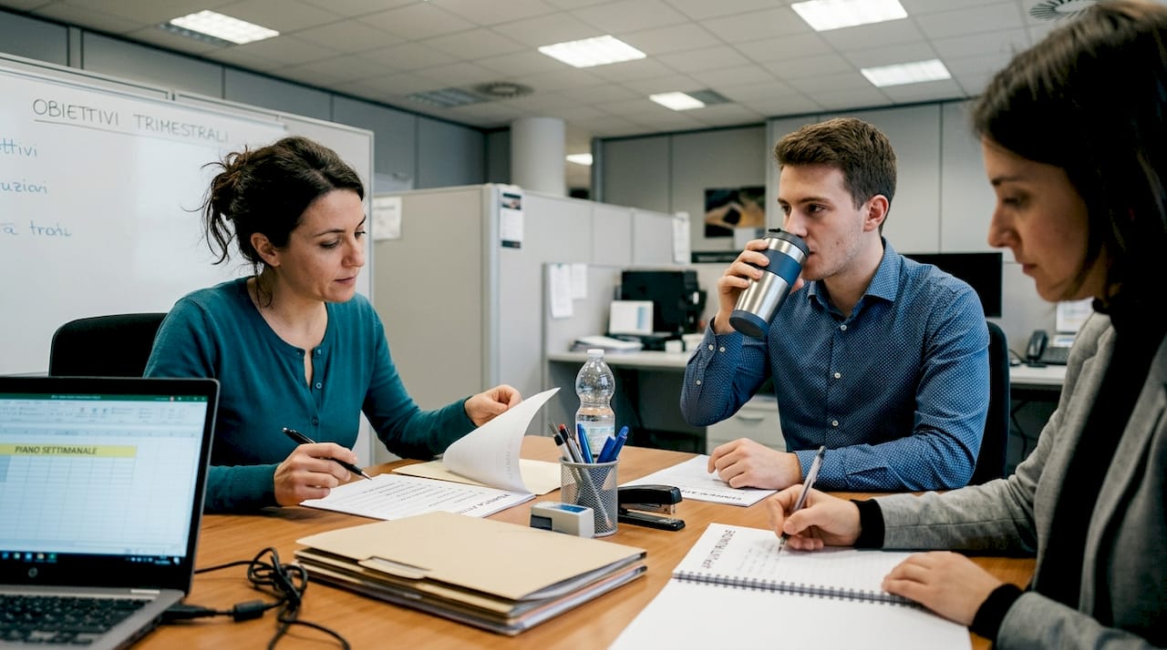 Un gruppo di colleghi si confronta sulle procedure di sicurezza aziendale, analizzando insieme la checklist per garantire il rispetto delle normative e la tutela di tutti.