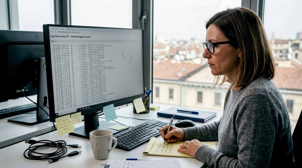 Una donna controlla i registri di sicurezza mentre lavora in ufficio.