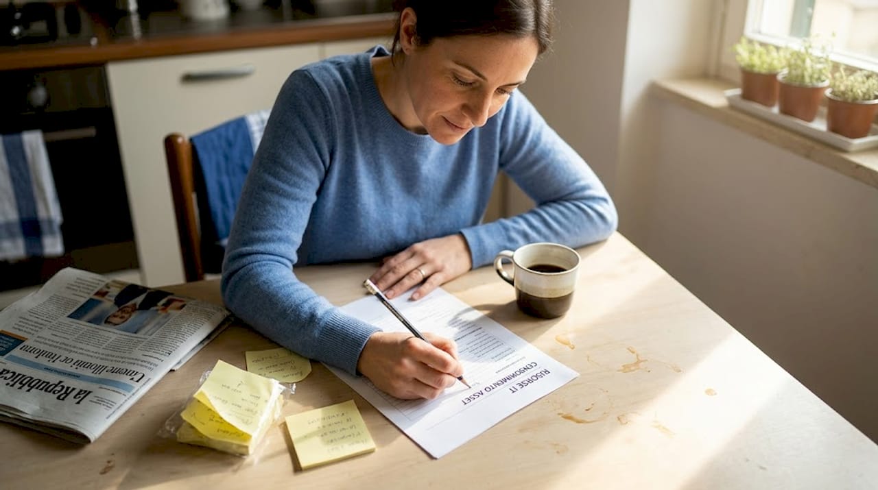 Una donna seduta al tavolo della cucina analizza i rischi informatici dell’azienda con fogli e computer davanti a sé.