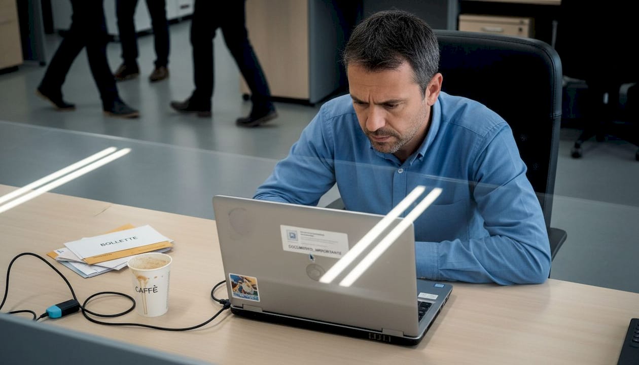 Impiegato d’ufficio che apre una mail sospetta, potenzialmente un tentativo di phishing