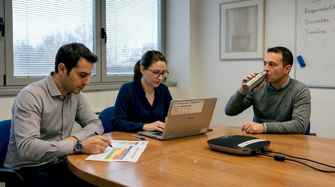 Il team si riunisce in sala conferenze per valutare insieme i grafici relativi ai rischi.